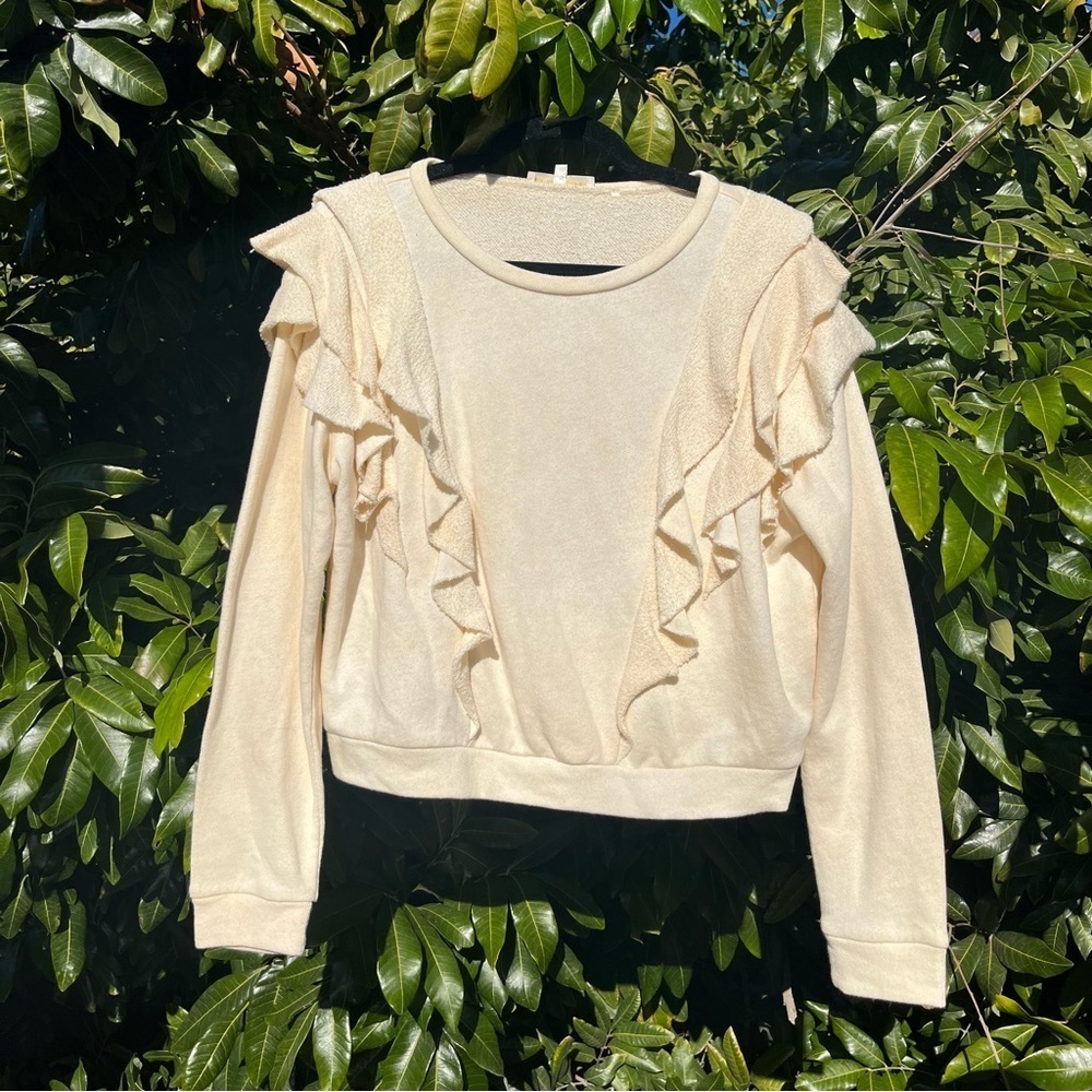 Loveshackfancy cream ivory knit terry ruffle crew neck pullover sweater